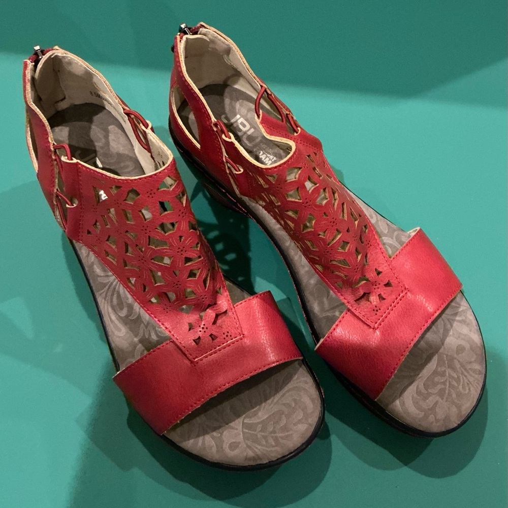 JBU Red Cutout Leather Sandals